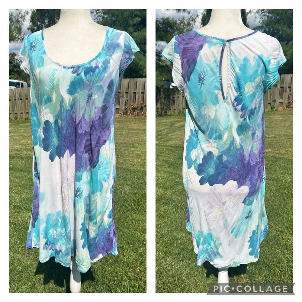 Jams World 50 Years Blooming Aqua Blue Watercolor Cap Sleeve Rayon Dress M